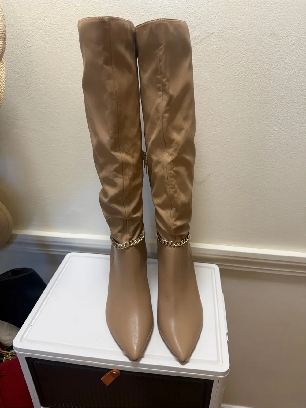 Express Tall Over-the-Knee Boots with Gold Chain Accent in Beige